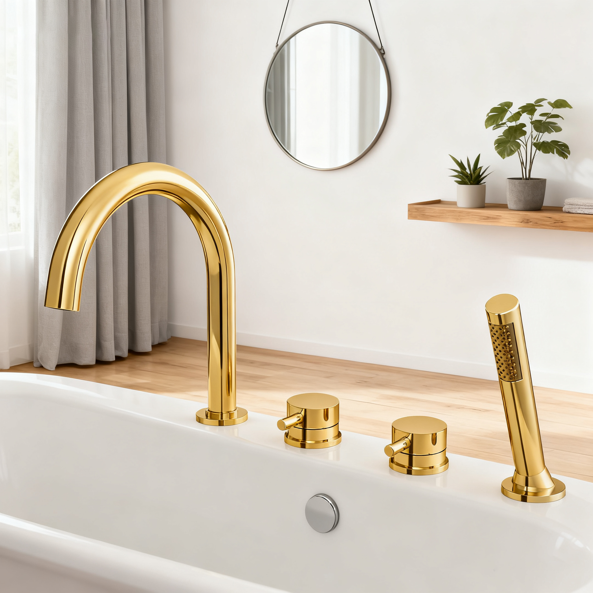 DF-05036 High-Flow 4-Hole Deck-Mounted Roman Tub Faucet Set – Modern Round Arch Spout with Hand Shower