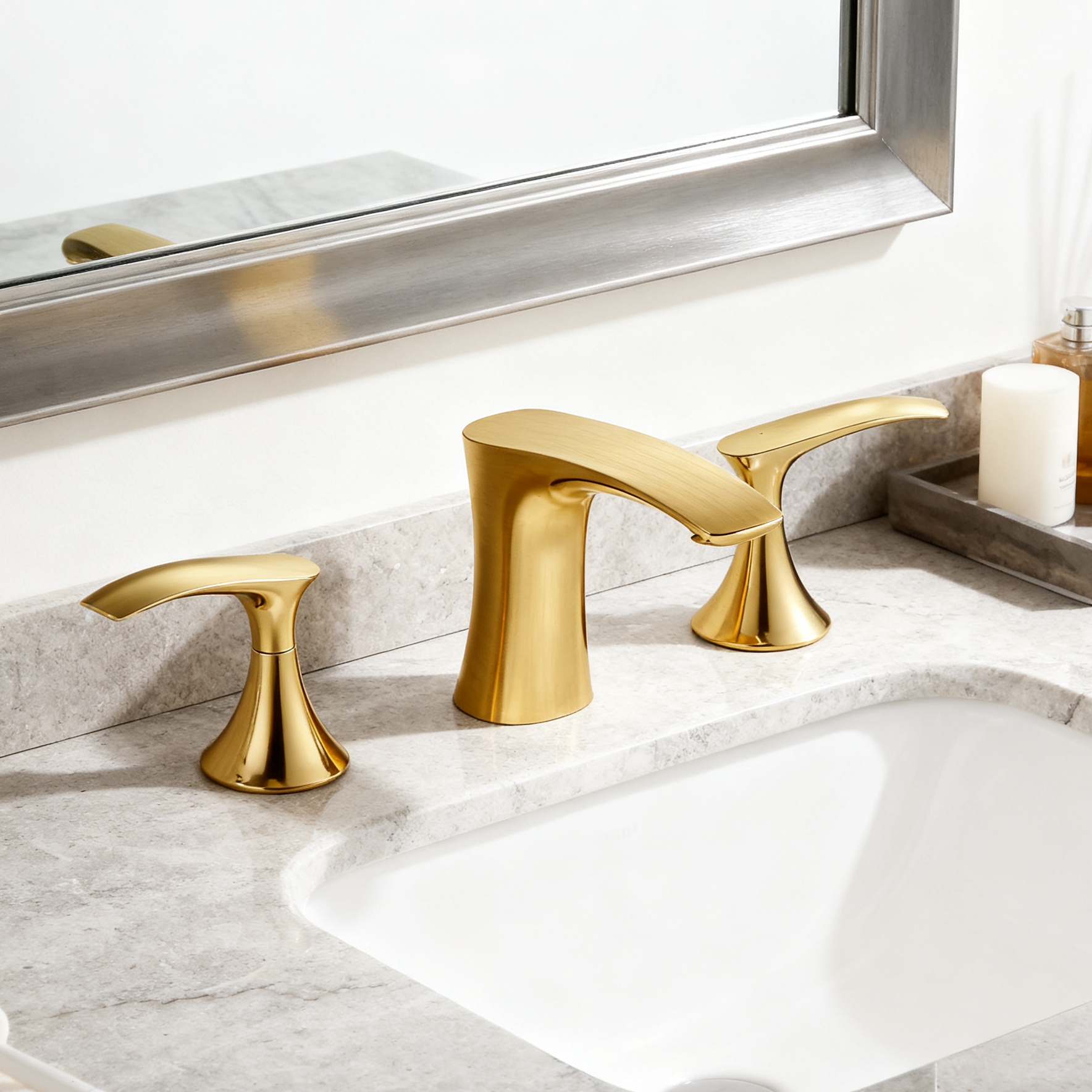 DF-05222-2 Brushed Gold 3-Hole Brass Basin Faucet – Luxury Modern Dual Handle Mixer Tap