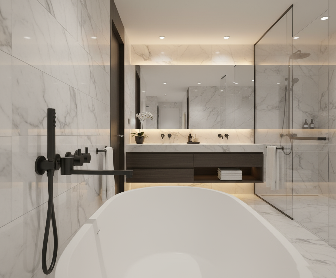 Modern Wall-Mounted Bathtub Faucet with Hand Shower – Matte Black | Brass Valve + Stainless Steel Trim