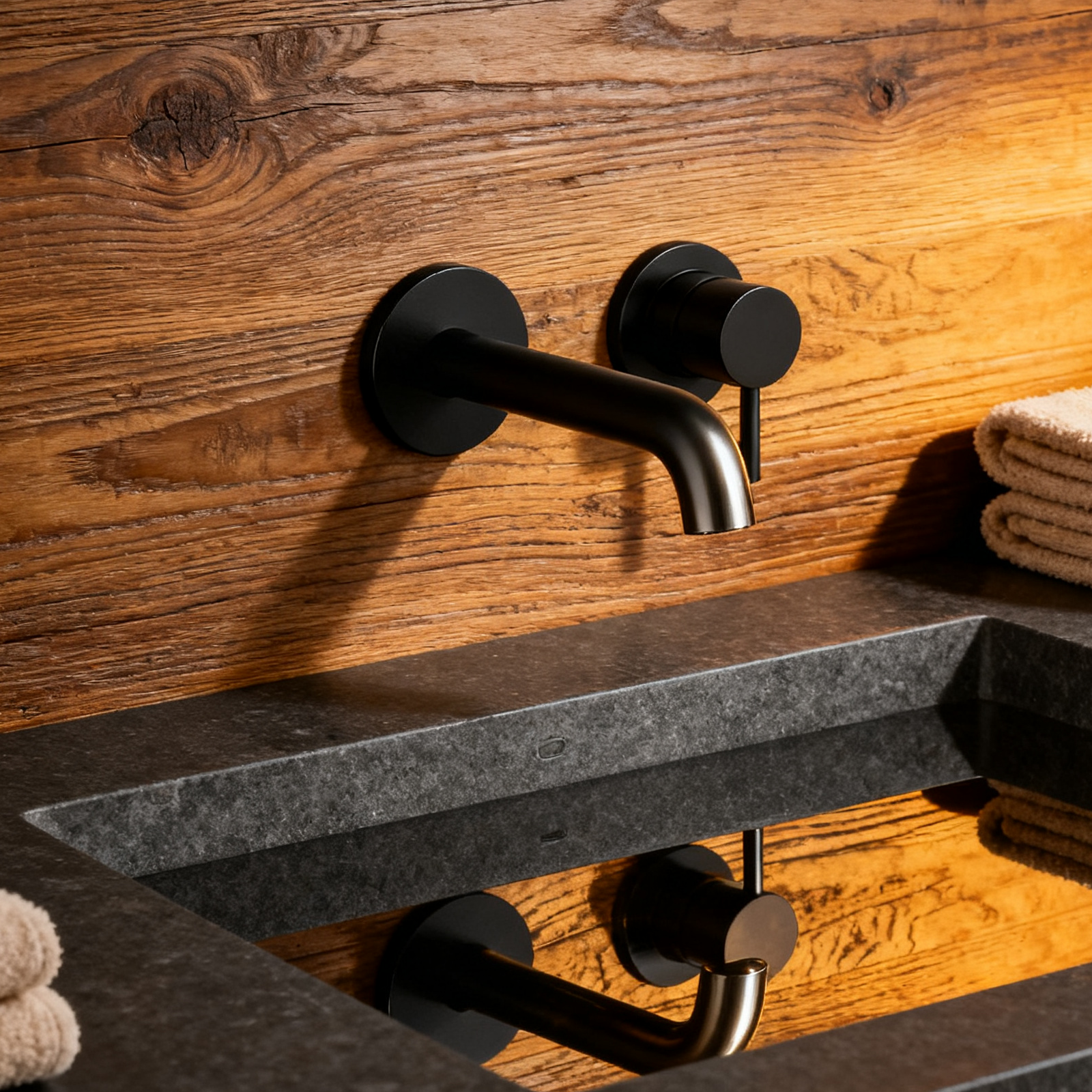 DF-05201-3 Wall-Mounted Brass Basin Faucet (Matte Black) Minimalist Round-Plate Design Architectural Contemporary Series