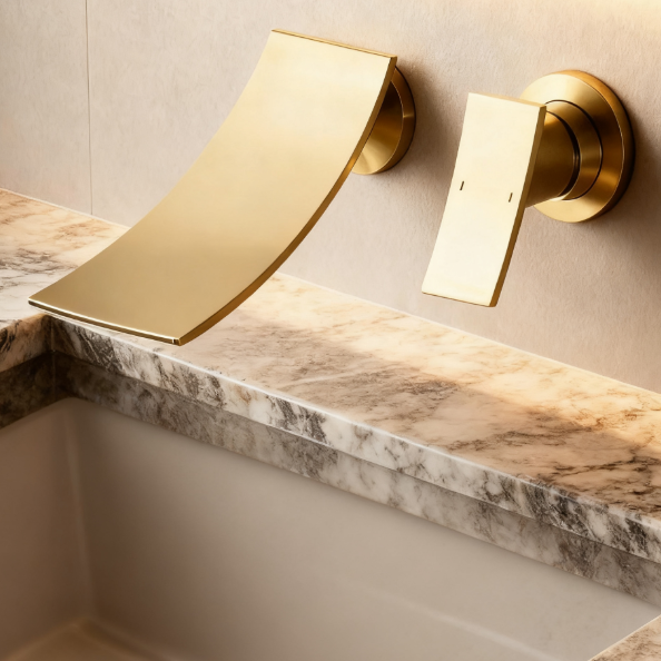 Brushed Gold Wall Mounted Waterfall Bathroom Sink Faucet with Single Lever Handle Wide Cascade Spout and Corrosion Resistant Finish for Modern Basin Installations