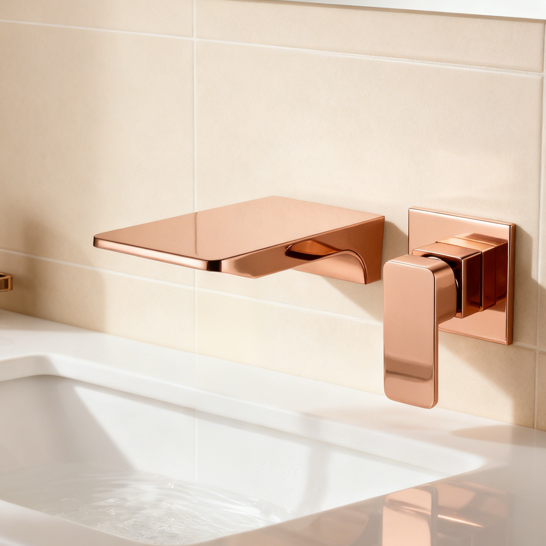 1402006 Wall-Mounted Brass Basin Faucet (Brushed Nickel) Architectural Waterfall Spout Single Handle Mixer Modern Premium Bathroom Collection