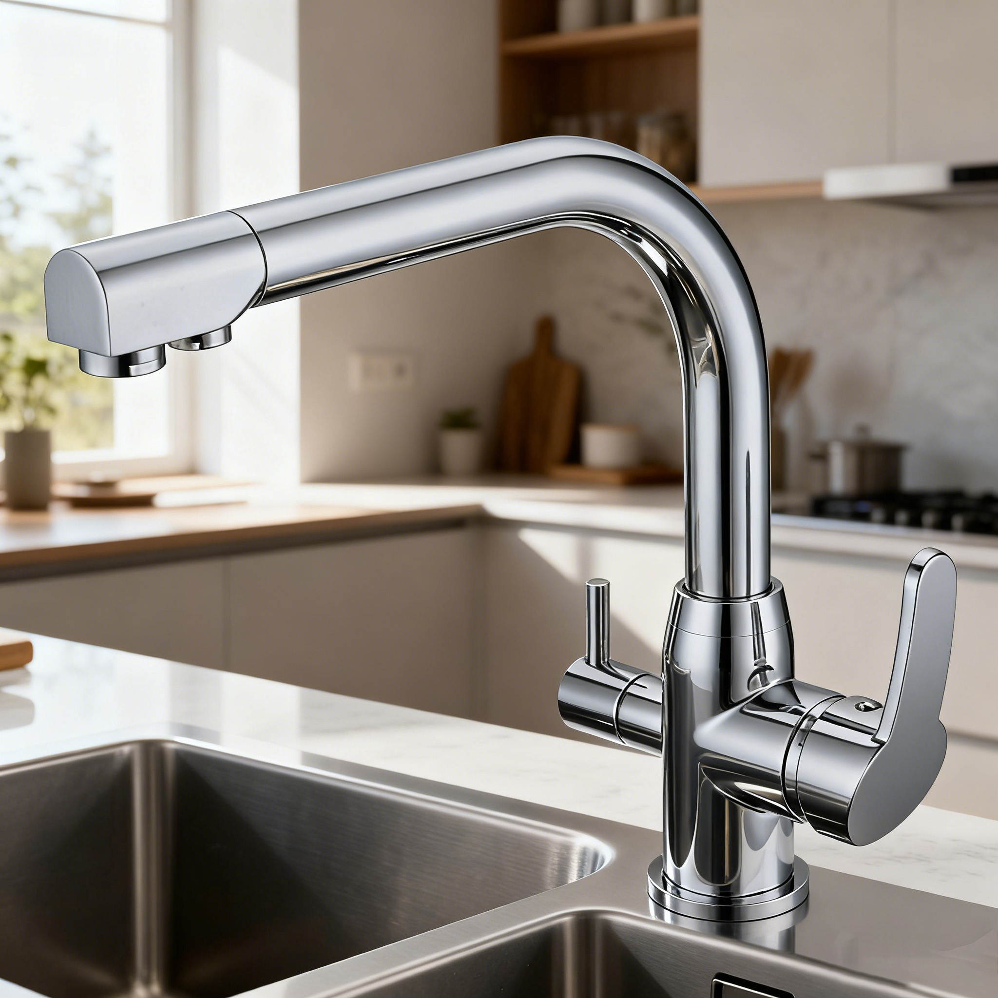 Dual-Handle Brass Kitchen Faucet with Drinking Water Function in Premium Brass Body + Zinc Alloy Handle for Project