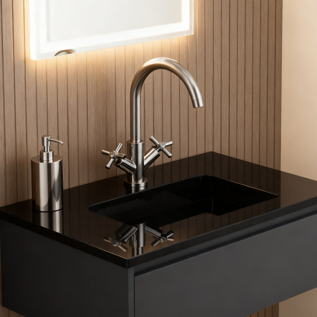 DF-03013 Brass Basin Faucet – Dual Cross Handle Bathroom Mixer with Aerator Sprayer