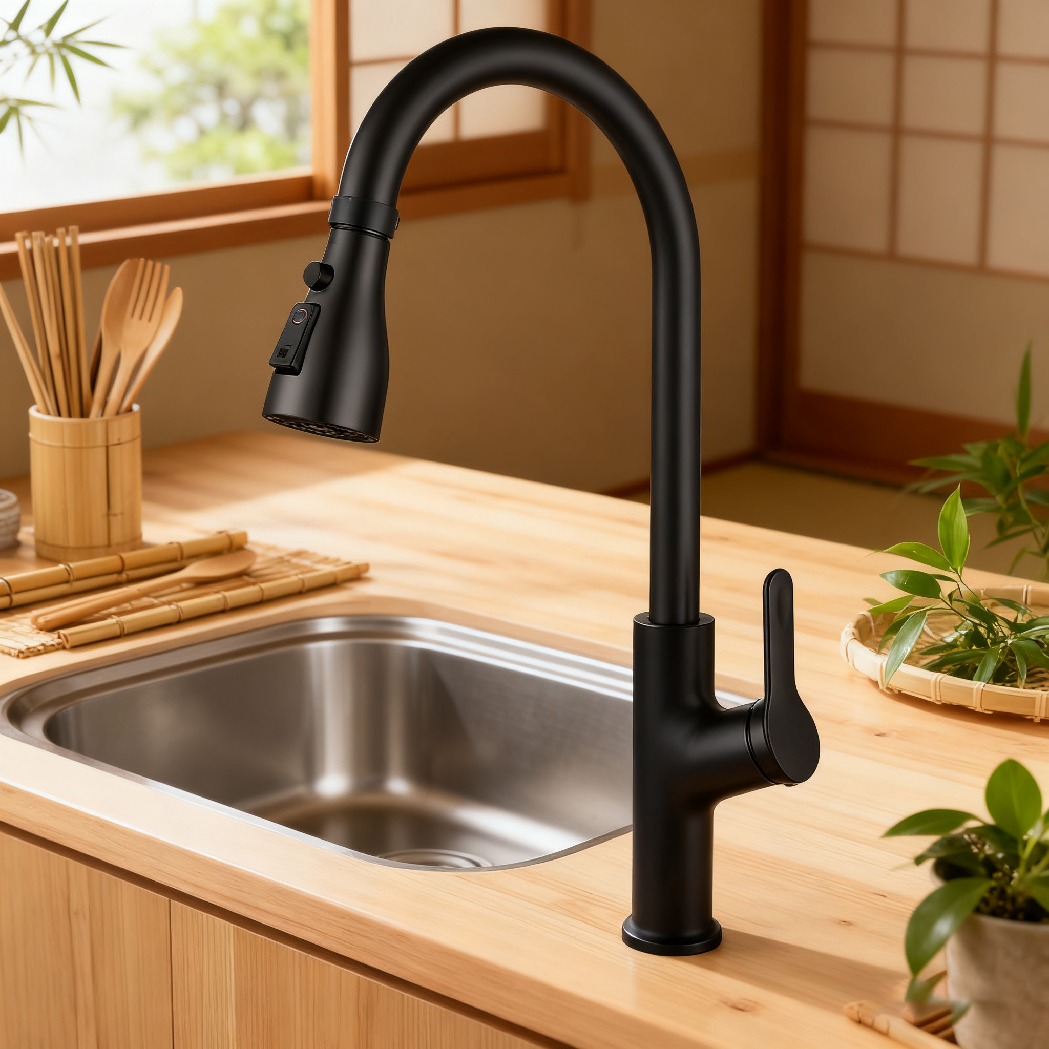 Commercial Pull-Down Matte Black Zinc Alloy Kitchen Faucet with Chrome-Plated Tap and Dual-Mode Sprayer 