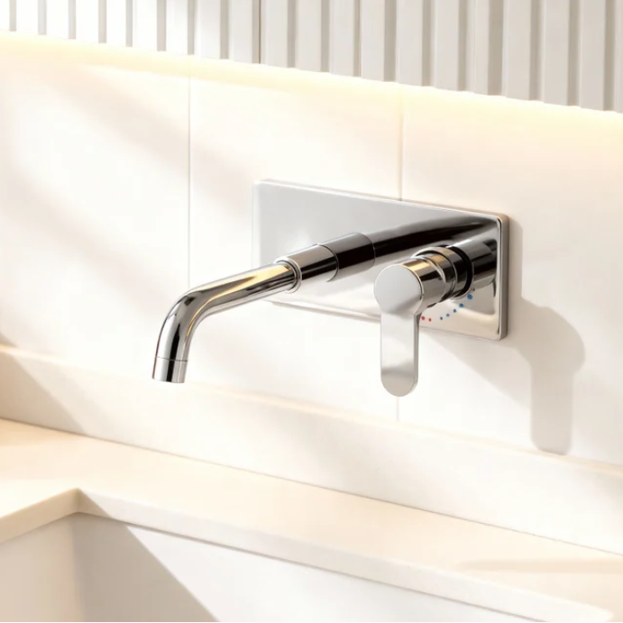 Modern Wall-Mounted Chrome Brass Basin Faucet with Single Lever Mixer And Aerated Sprayer Premium Bathroom Tap for Hotels, Villas & Residential Projects