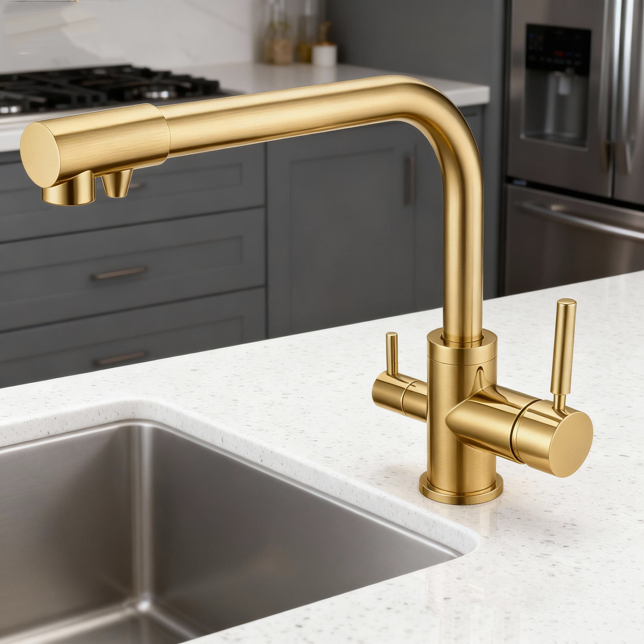 Brass Kitchen Faucet with Zinc-Alloy Handle and Dual-Function Sprayer for Drinking Water System Compatible with OEM/ODM Supply
