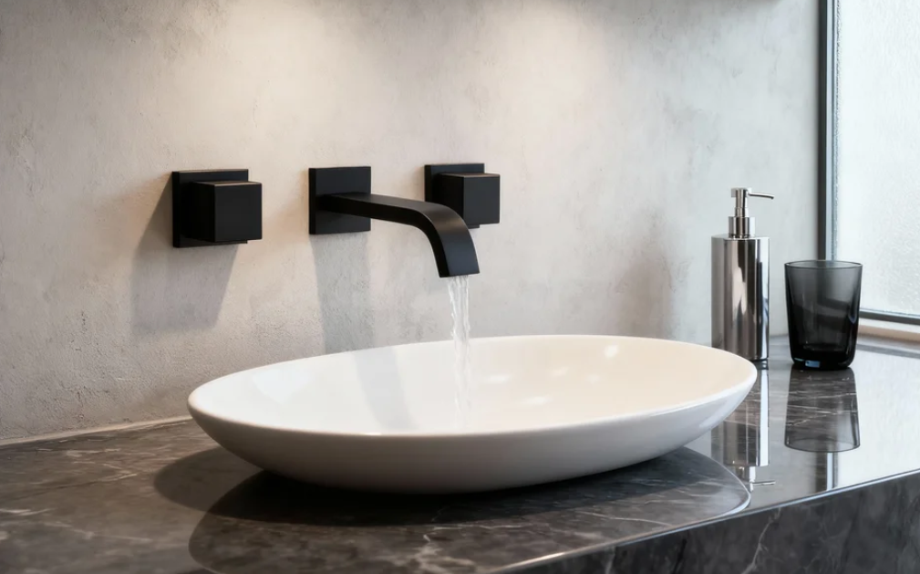 Modern Matte Black Wall-Mounted Basin Faucet Set with Dual Handles Contemporary Brass Bathroom Mixer Tap for Hotel, Residential And Commercial Projects