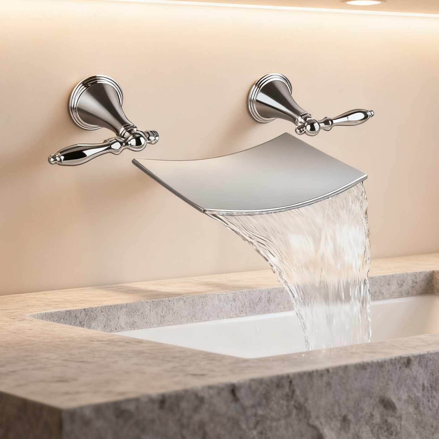 DF-05239 Brass Wall Mounted Basin Faucet Waterfall Spout Bathroom Mixer Tap – Dual Handle Vintage Design for Modern Bathrooms