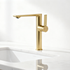 1401034 Brushed Gold Brass Basin Faucet Modern Tall Single-Handle Mixer Tap for Countertop Basins