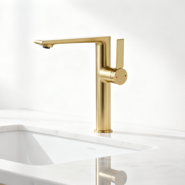 1401034 Brushed Gold Brass Basin Faucet Modern Tall Single-Handle Mixer Tap for Countertop Basins