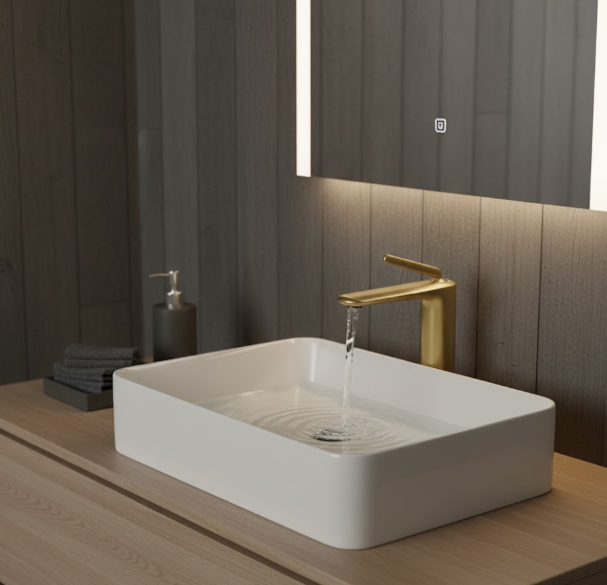 Luxury Brushed Gold Single Handle Basin Mixer Tap – Modern Brass Bathroom Faucet with Water-Saving Aerator for Residential And Commercial Projects