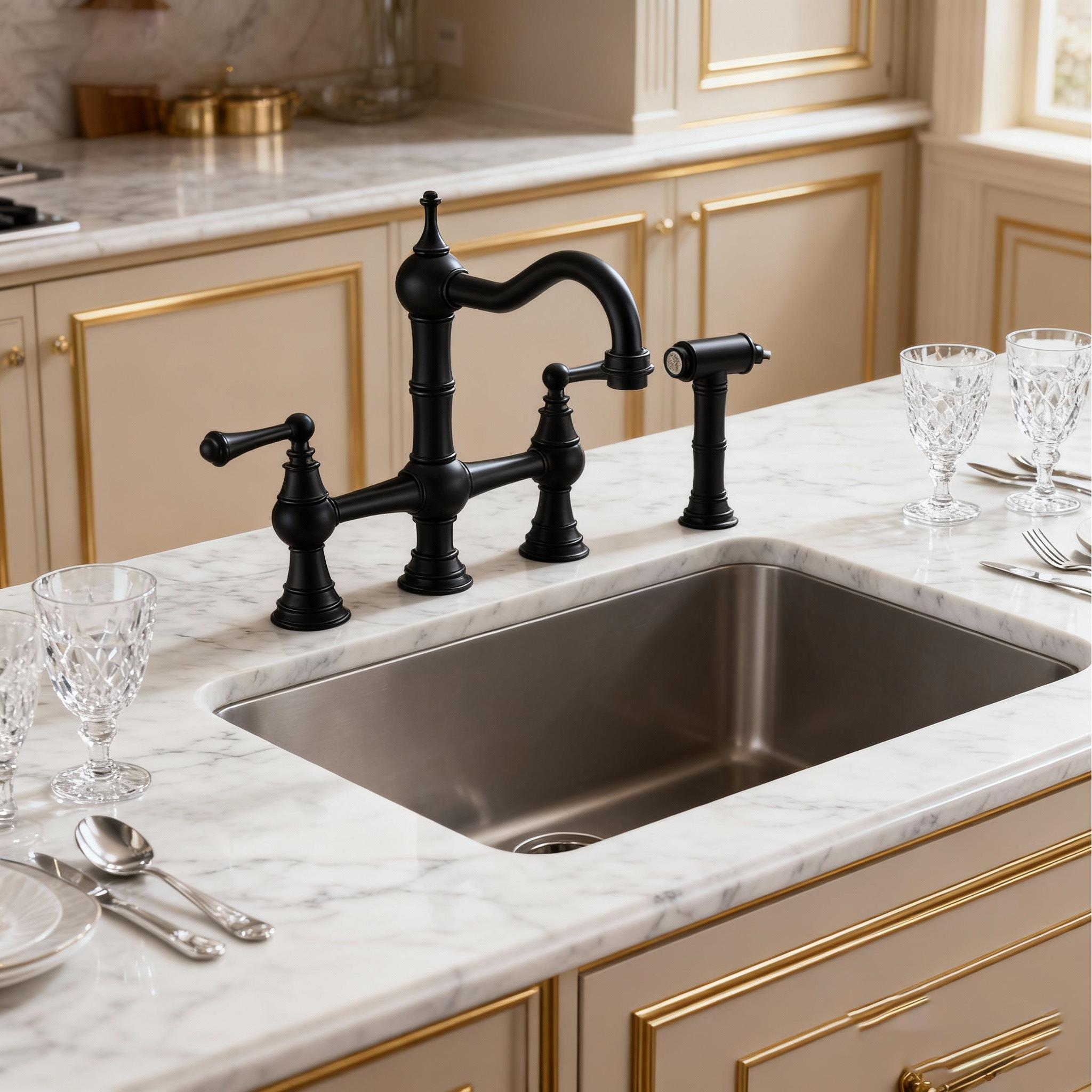 Premium Chrome Bridge Kitchen Faucet with Side Sprayer and Hot and cold switches