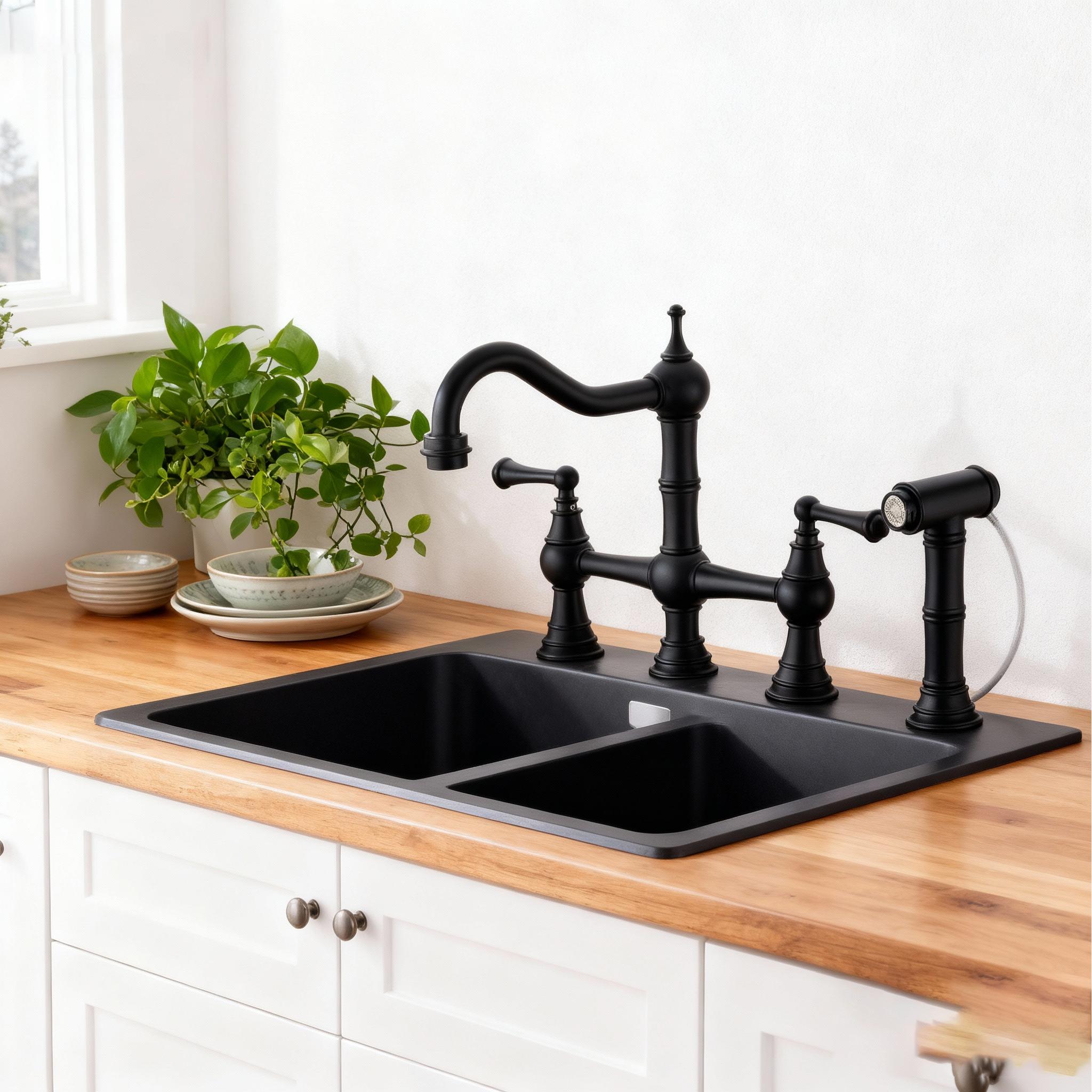 Premium Chrome Bridge Kitchen Faucet with Side Sprayer and Hot and cold switches