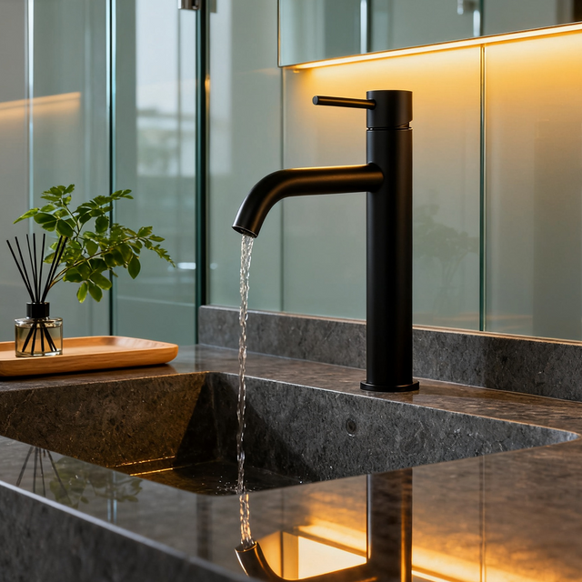 DF-4902 Tall Brass Basin Mixer Tap Modern Matte Black Single Handle Countertop Faucet with Aerated Sprayer for Hotel And Residential Projects