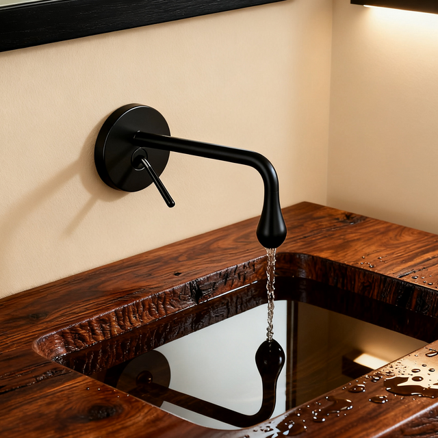 Matte Black Wall Mounted Bathroom Sink Faucet with Curved Teardrop Spout Lever Handle Aerated Flow Corrosion-Resistant Copper Construction and Sleek Minimalist Design - Model 1401014