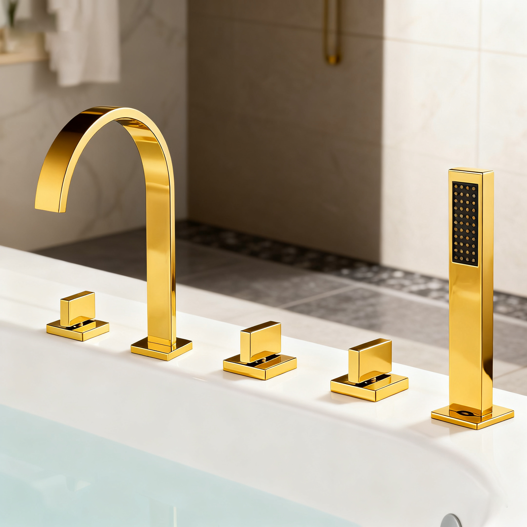5-Hole Deck-Mounted Bathtub Faucet Set | Brushed Gold | Elegant Arc Design