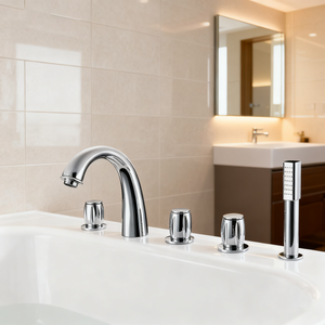 Deck-Mounted Roman Tub Faucet Set with Hand Shower | Brass Body, Chrome Finish