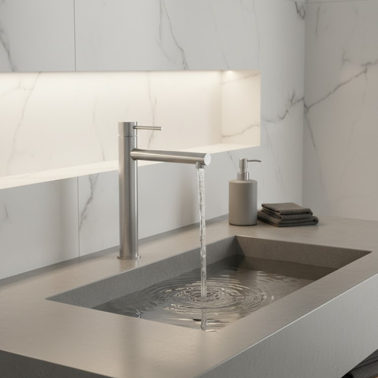 Modern Tall Stainless Steel Basin Mixer Tap – Brushed Finish Cylindrical Vessel Sink Faucet with Single Handle and Water-Saving Aerator Durable 304 Stainless Steel Bathroom Tap OEM Supplier