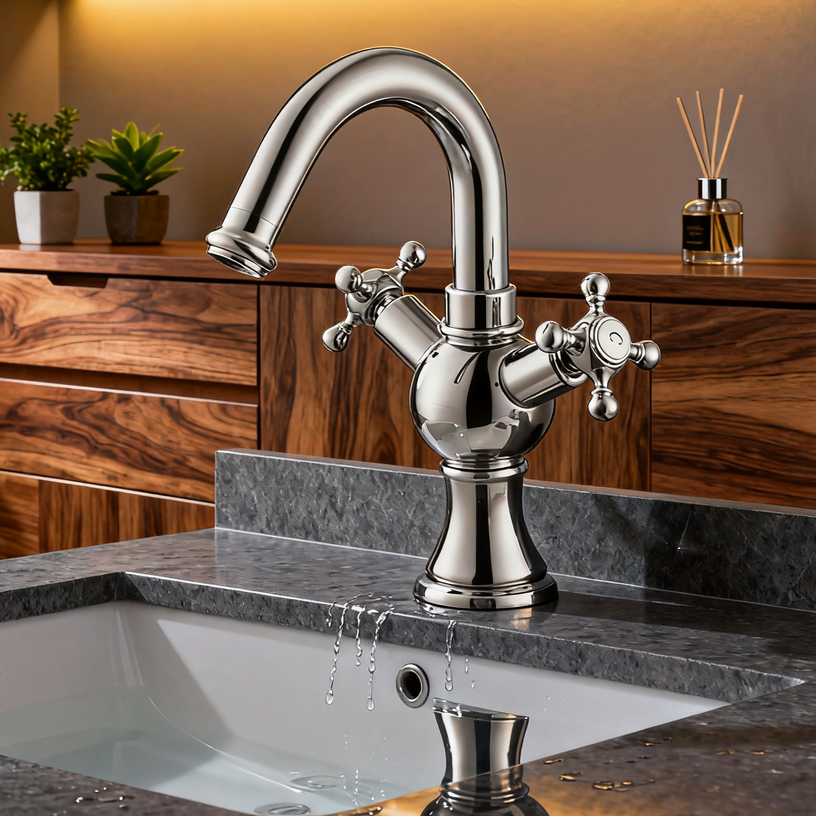 DF-11029-2 Classic Brass Basin Faucet – Dual Cross Handle Mixer Tap (Short Spout Design)