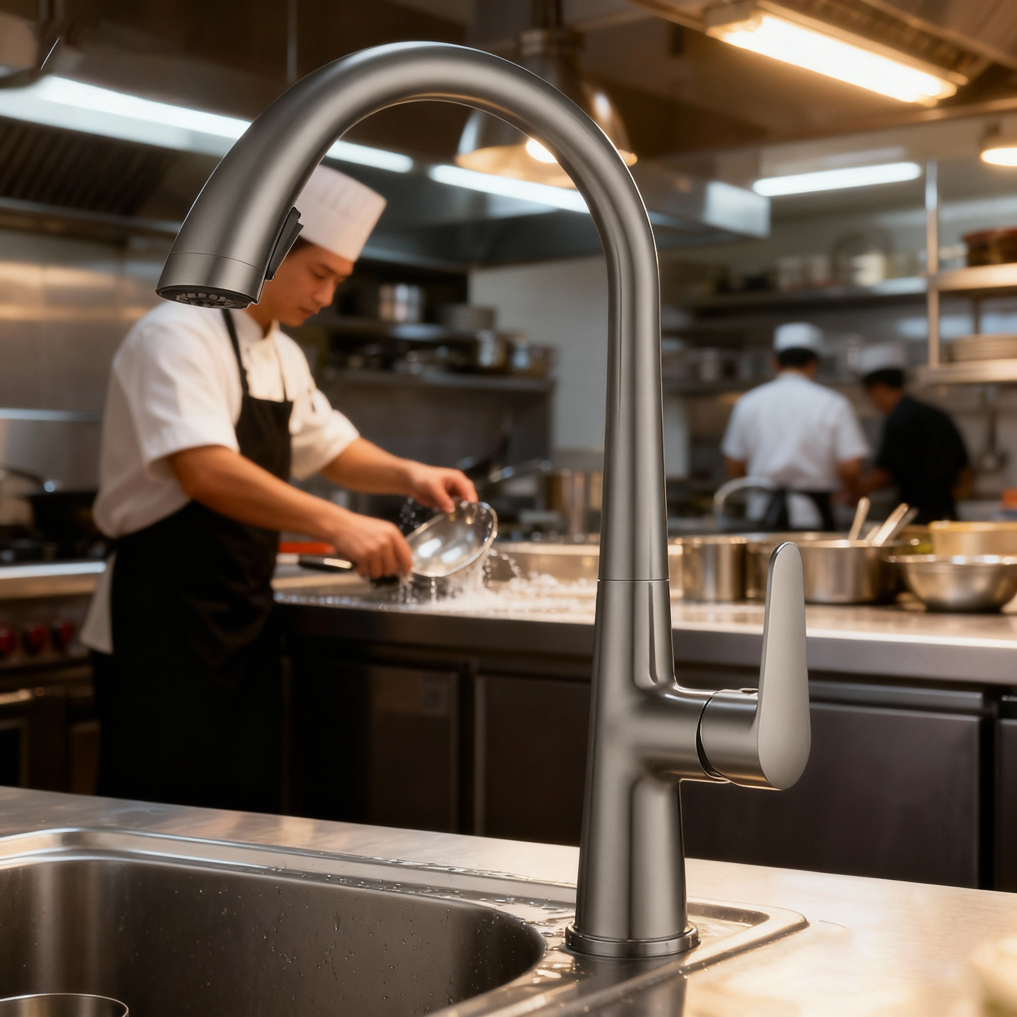 Modern Chrome Zinc Alloy Pull Out Kitchen Faucet with High Arc Spout and Dual Function Sprayer for Commercial and Home Use