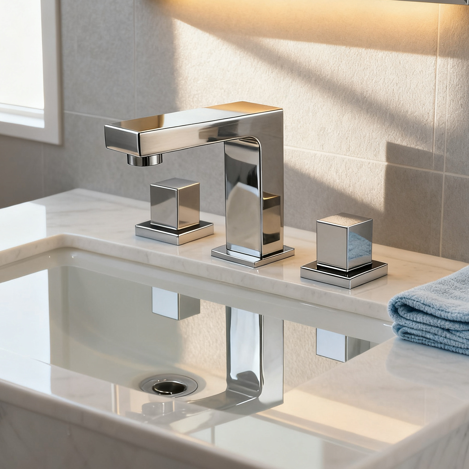 Polished Chrome Widespread Bathroom Sink Faucet with Dual Cube Handles Rectangular Aerated Spout Water-Efficient Flow and Corrosion-Resistant Brass Construction