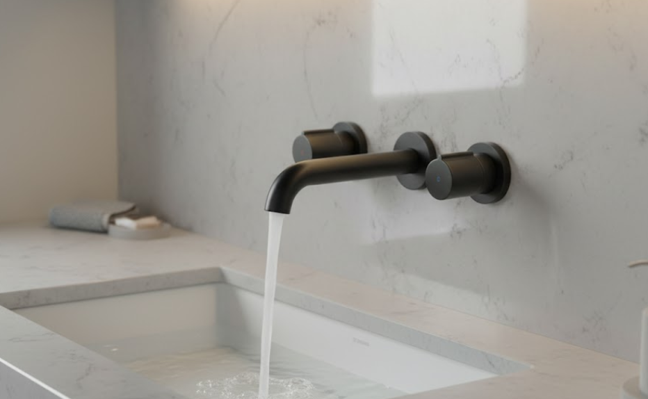 Matte Black Wall Mounted Dual Handle Bathroom Sink Faucet with Hot and Cold Controls Curved Aerated Spout and Corrosion Resistant Finish for Contemporary Vessel Sink and Basin Installations