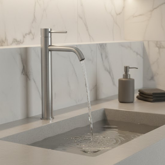 Elegant Tall Brushed Stainless Steel Basin Mixer Tap with Curved Spout – Minimalist 304 Stainless Steel Vessel Sink Faucet with Single Handle and Water-Saving Aerator Modern Bathroom Tap OEM Supplie