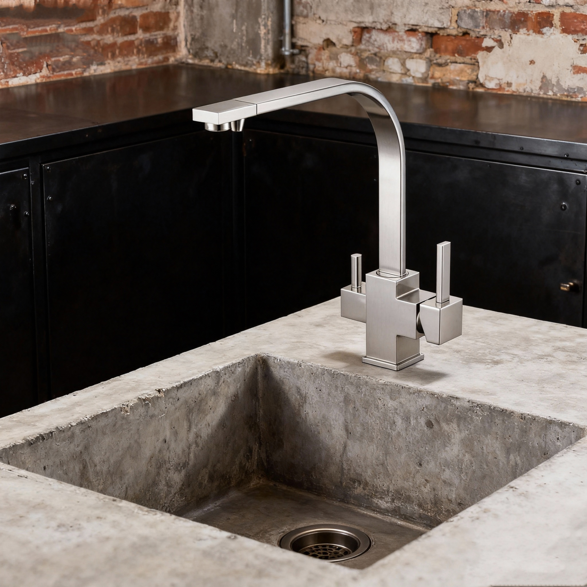 Modern Square-Design Three Way Brass Kitchen Faucet with Zinc-Alloy Handles and Dual-Outlet Sprayer