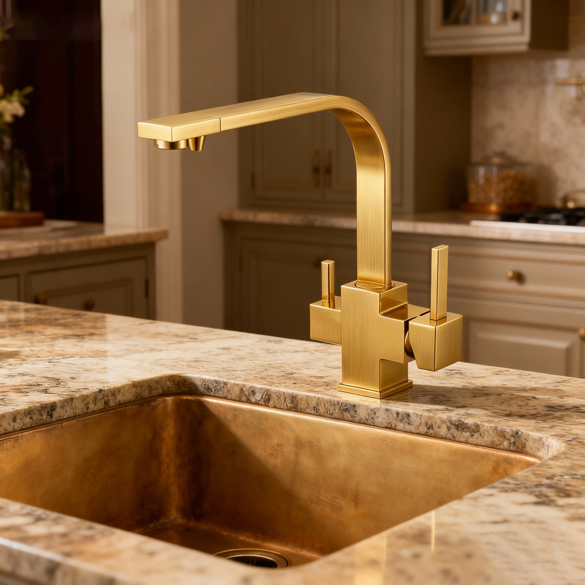 Modern Square-Design Three Way Brass Kitchen Faucet with Zinc-Alloy Handles and Dual-Outlet Sprayer