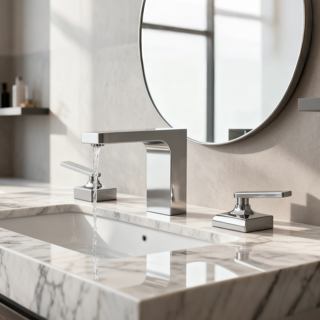 DF-4805 Three-Hole Brass Basin Mixer Faucet Luxury Solid Brass Bathroom Tap with Dual Handles and Precision Water Control Classic Deck-Mounted Widespread Basin Mixer OEM Manufacturer