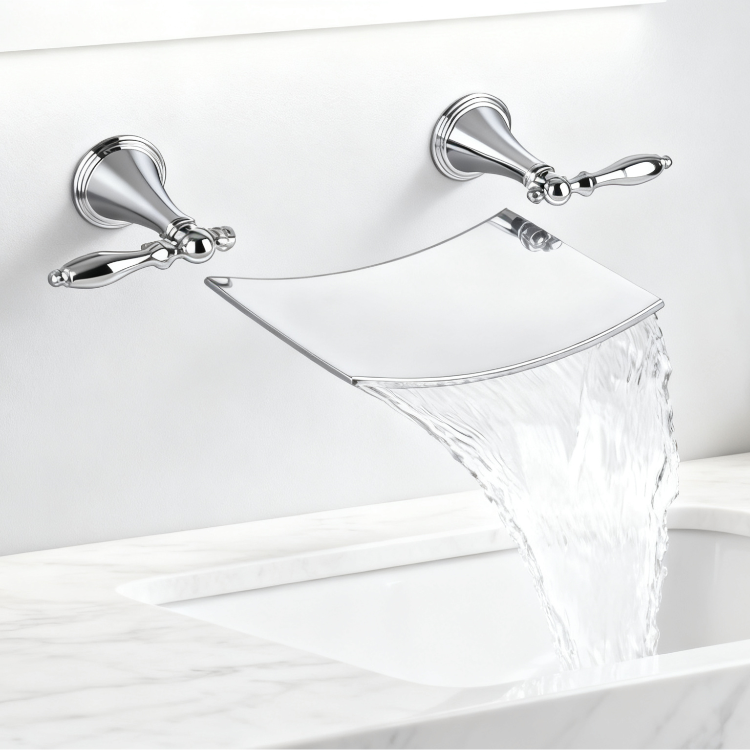 DF-05239 Brass Wall Mounted Basin Faucet Waterfall Spout Bathroom Mixer Tap – Dual Handle Vintage Design for Modern Bathrooms