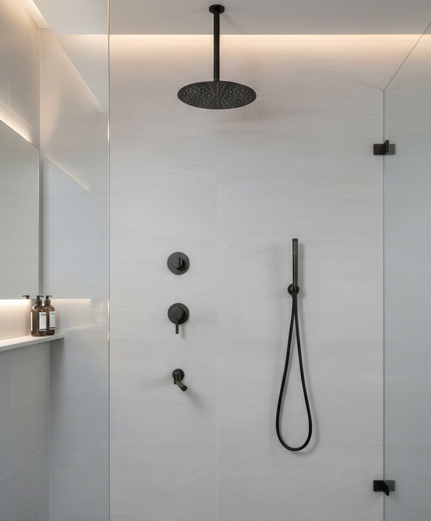 Concealed Shower System – Matte Black, 3-Function Mixer, Ceiling Rain Shower & Hand Shower