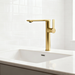 1401034 Brushed Gold Brass Basin Faucet Modern Tall Single-Handle Mixer Tap for Countertop Basins