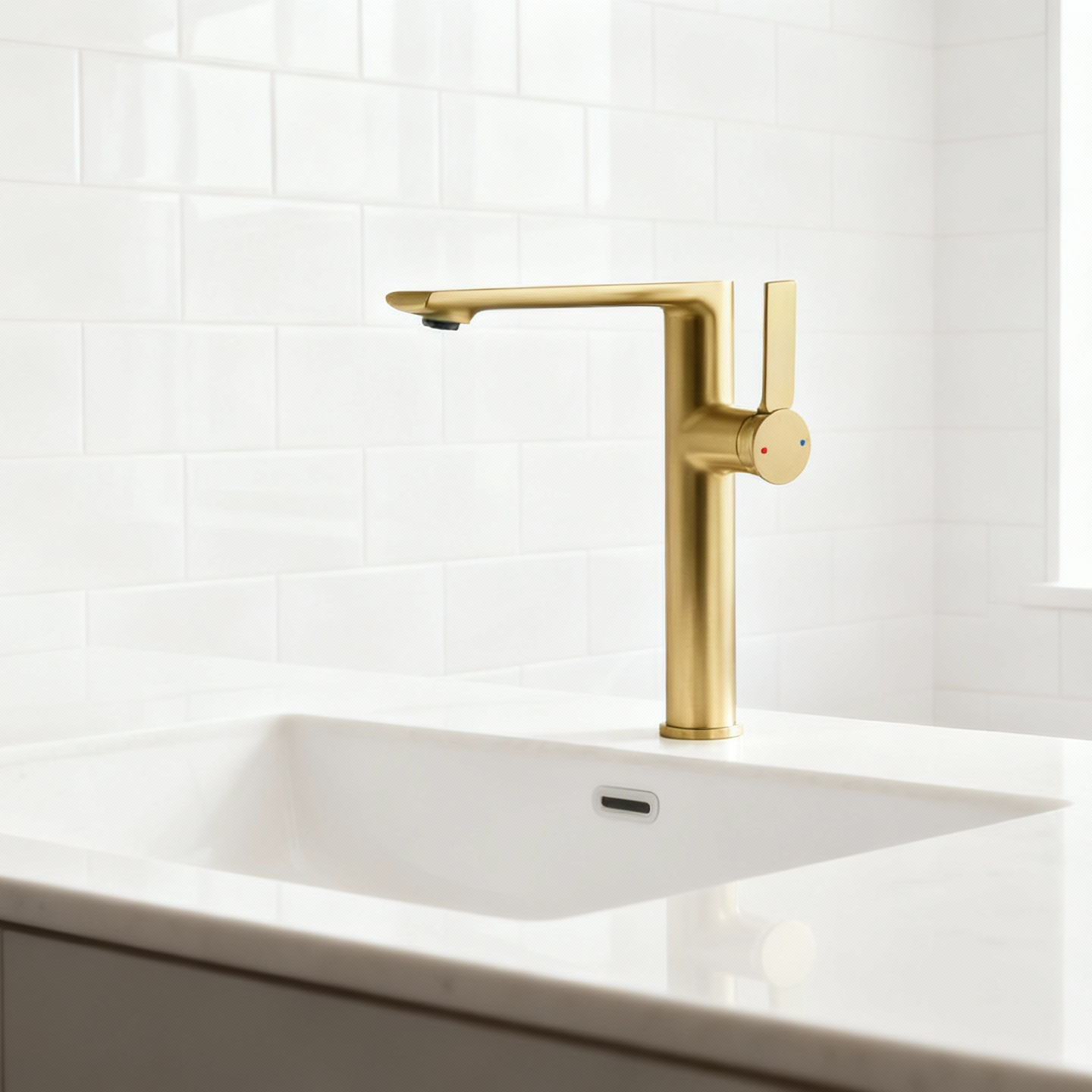 1401034 Brushed Gold Brass Basin Faucet Modern Tall Single-Handle Mixer Tap for Countertop Basins