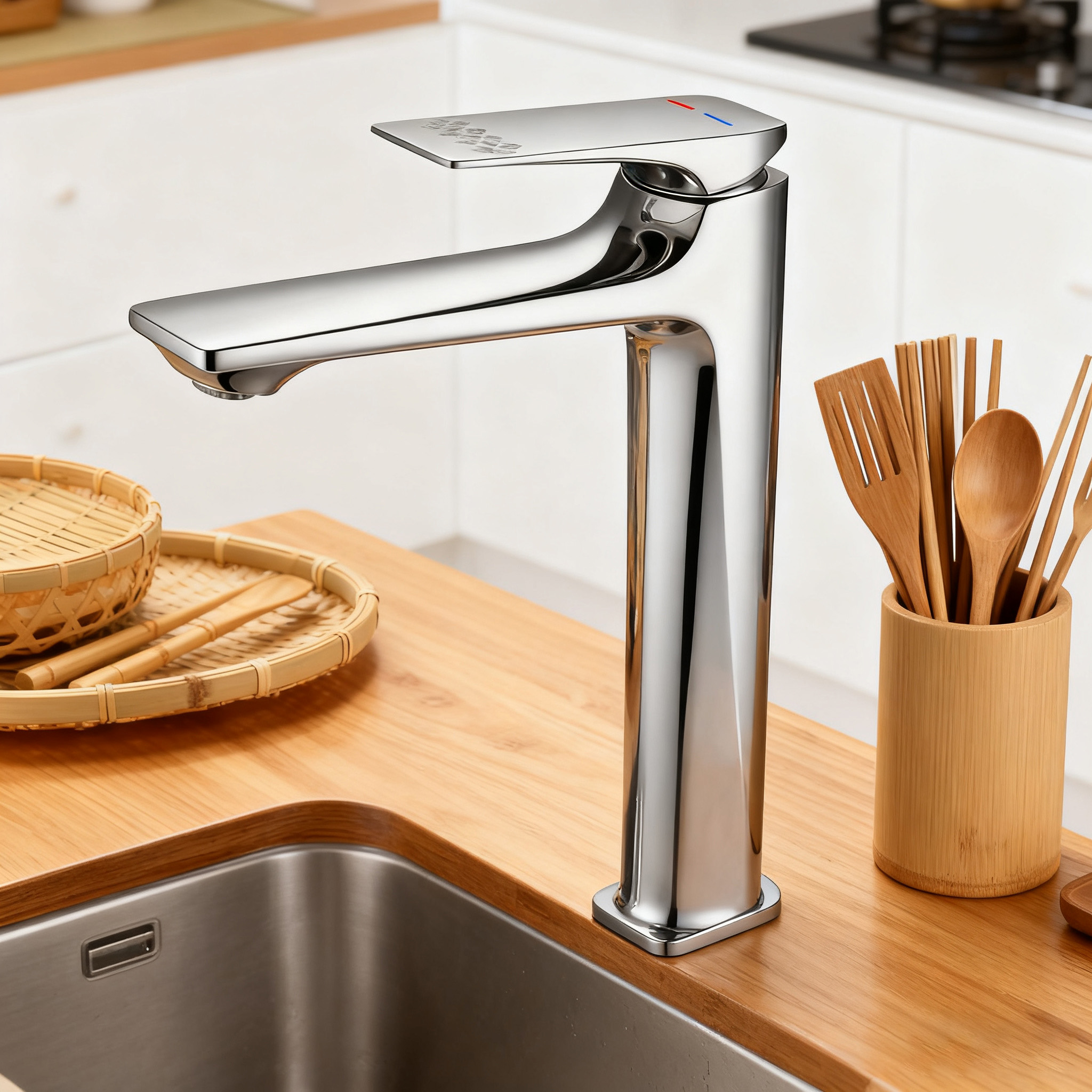 Tall Countertop Basin Faucet, Modern Brass Mixer Tap for Above Counter Vanity Sink