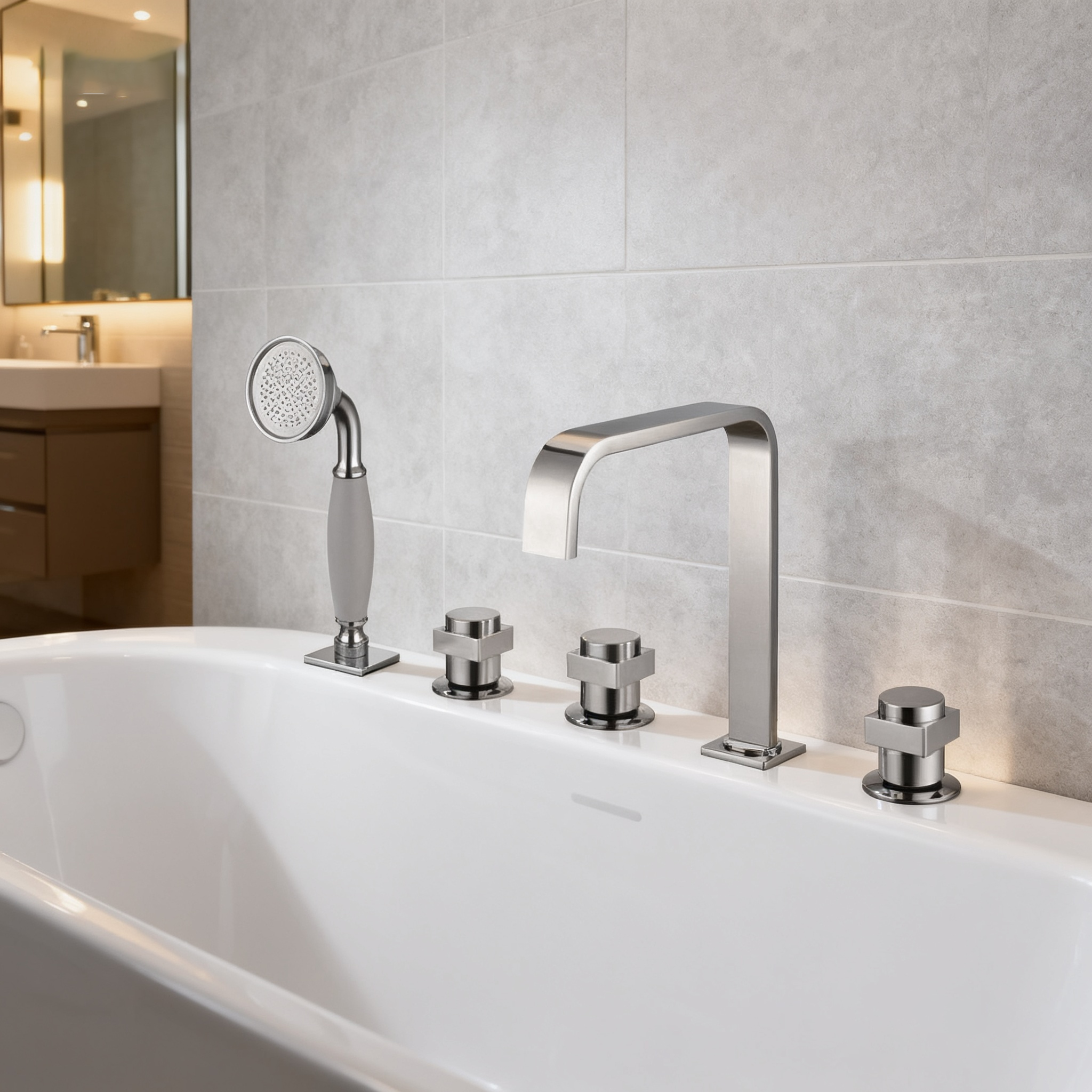 Deck-Mounted Bathtub Mixer – 5-Hole Matte Black Roman Tub Faucet Set with Hand Shower