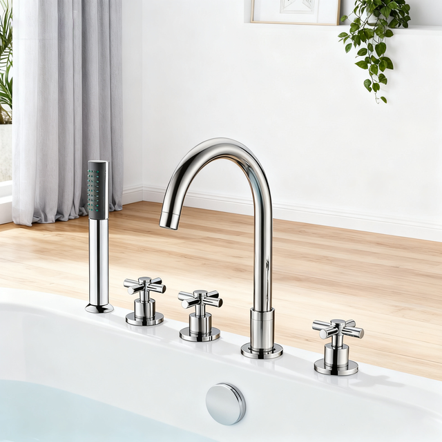DF-02035 Deck-Mounted Bathtub Mixer – Classic Cross Handle 5-Hole Roman Tub Faucet Set in Brushed Gold
