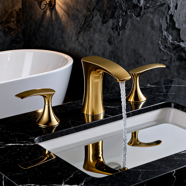 DF-05222-2 Brushed Gold 3-Hole Brass Basin Faucet – Luxury Modern Dual Handle Mixer Tap