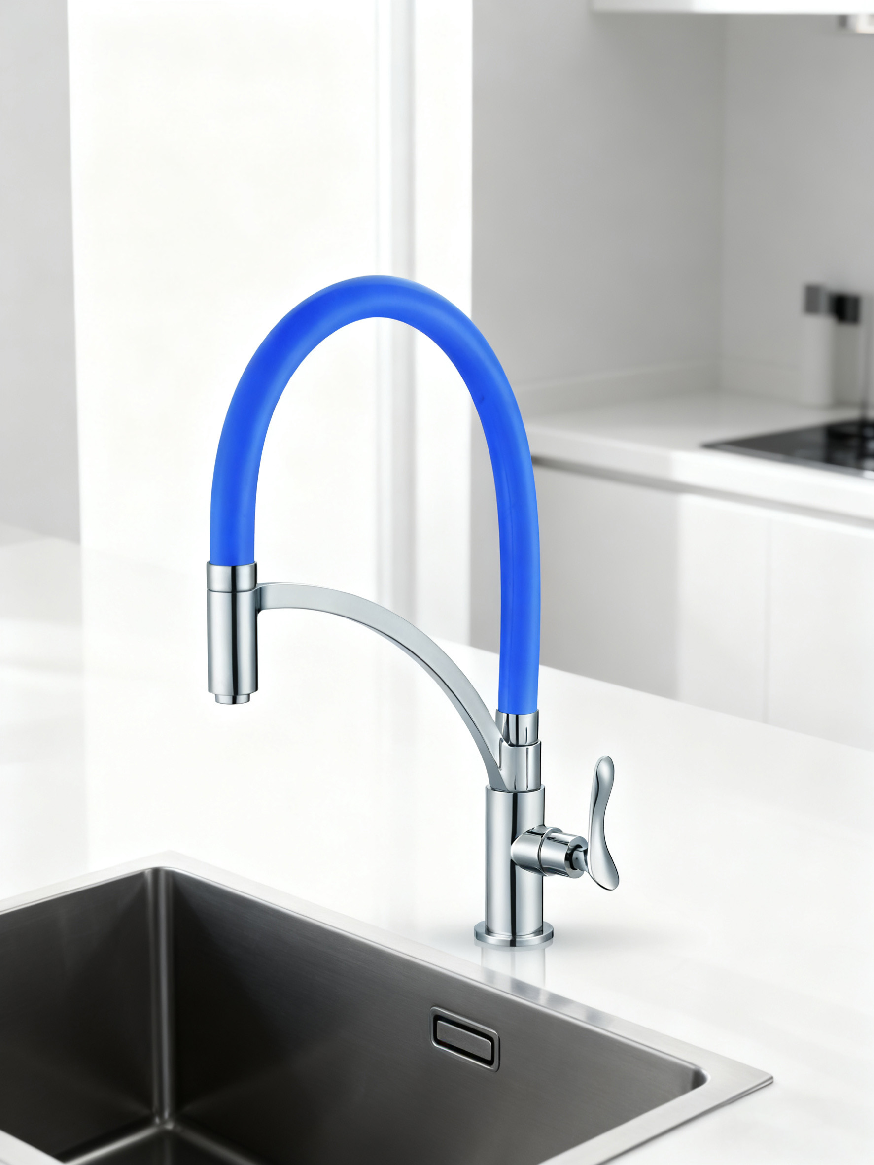 Modern Flexible Silicone Hose Kitchen Faucet with Chrome Finish, Single Handle Pull Down Mixer Tap for Sink