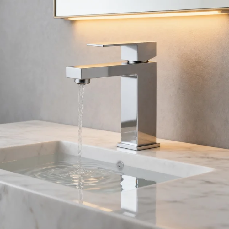 Brushed Nickel Single Handle Basin Mixer Tap – Solid Brass Modern Bathroom Faucet with Water-Saving Aerator and Square Spout for Residential And Commercial Projects