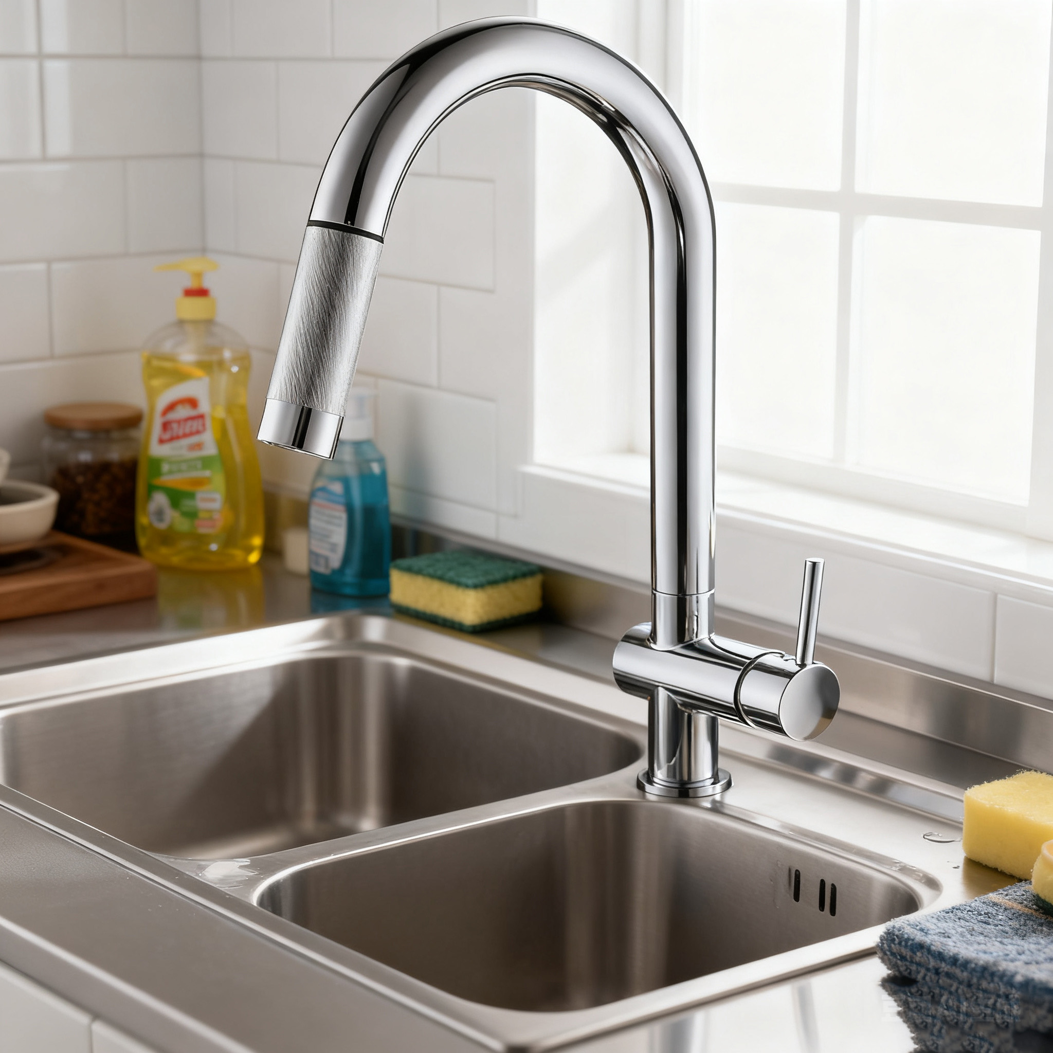 Modern Chrome Pull-Out Kitchen Faucet and Cylindrical Brass Mixer Tap with Sprayer 