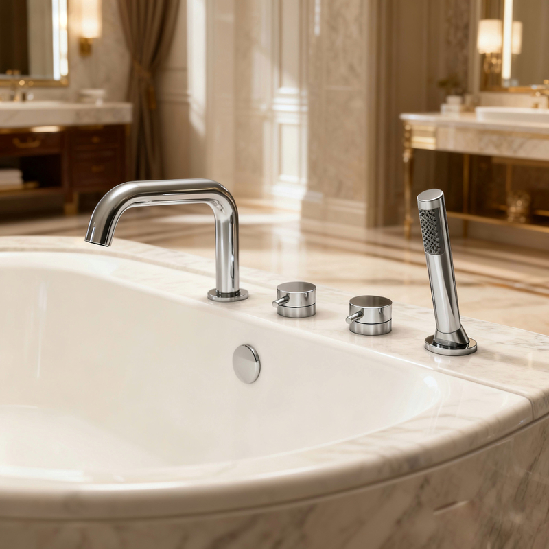 Luxury Deck-Mounted Bathtub Faucet with Hand Shower | Chrome 4-Hole Tub ...