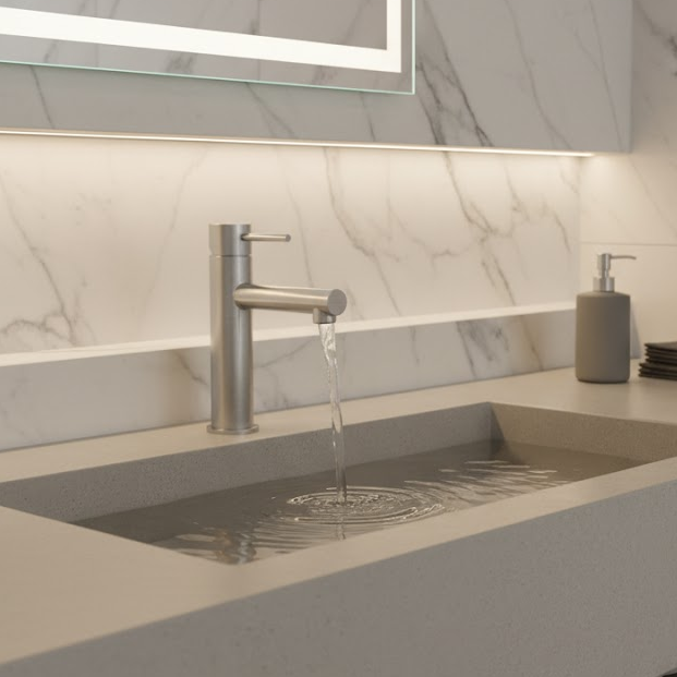 Architectural 304 Stainless Steel Single-Handle Bathroom Faucet with Integrated Smart Spray Technology – Deck Mount Basin Mixer Tap for High-End Hotel, Residential, and Institutional Projects