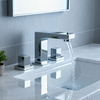 Polished Chrome Widespread Bathroom Sink Faucet with Dual Cube Handles Rectangular Aerated Spout Water-Efficient Flow and Corrosion-Resistant Brass Construction
