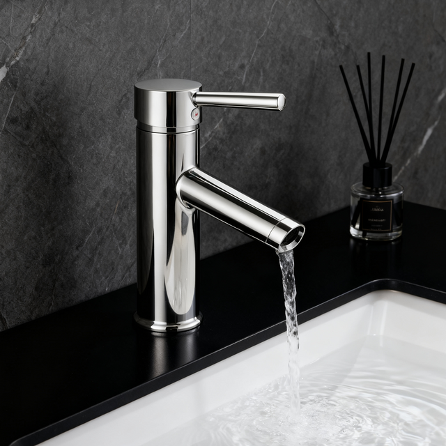 Single Handle Tall Vessel Sink Bathroom Faucet with Lever Handle Curved Aerated Spout Water-Efficient Flow and Corrosion-Resistant Copper Construction - Model DF-01201S