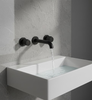 Matte Black Wall Mounted Dual Handle Bathroom Sink Faucet with Hot and Cold Controls Curved Aerated Spout and Corrosion Resistant Finish for Contemporary Vessel Sink and Basin Installations