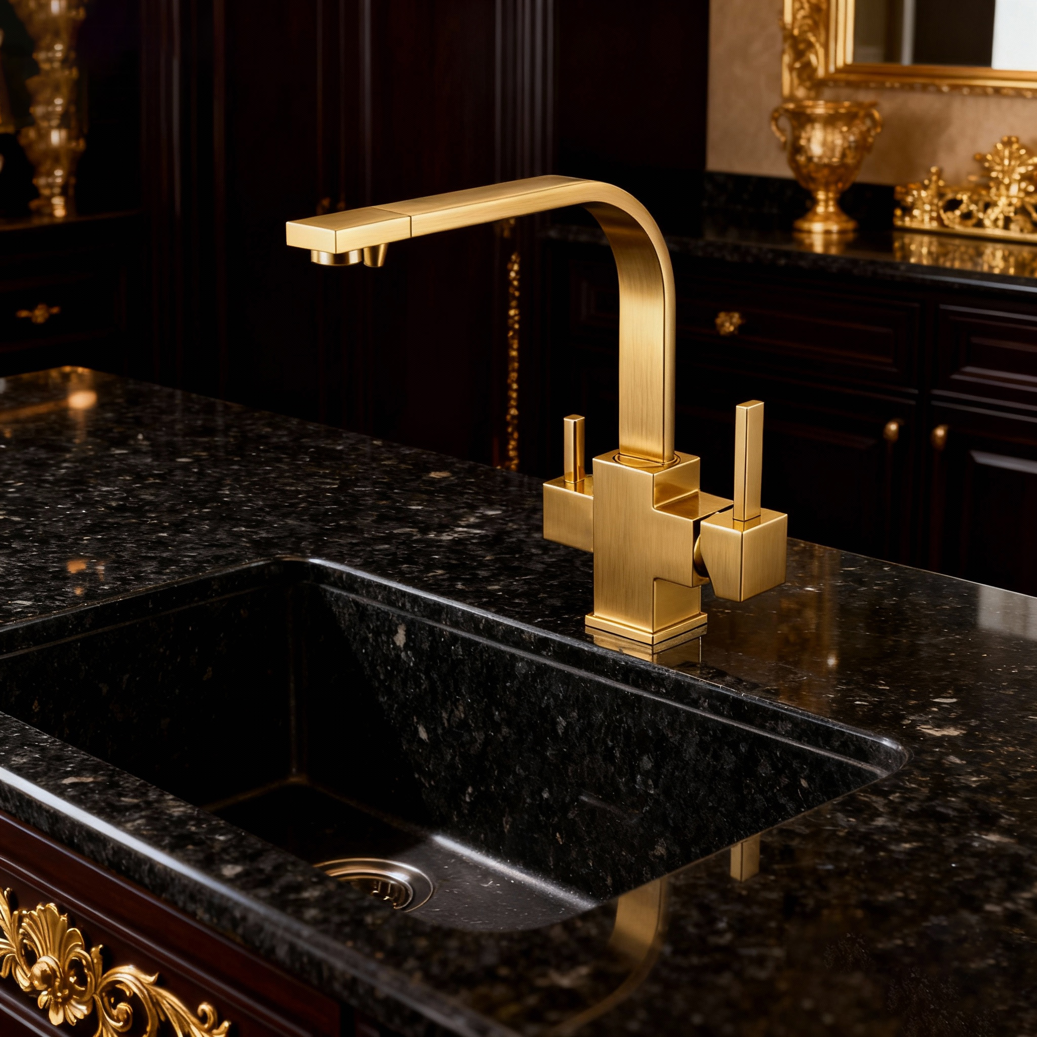 Modern Square-Design Three Way Brass Kitchen Faucet with Zinc-Alloy Handles and Dual-Outlet Sprayer
