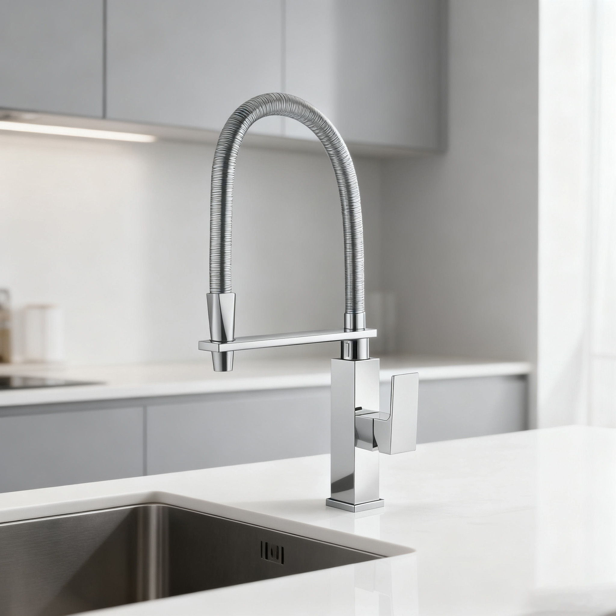 Commercial Pull Down Kitchen Faucet in High-Arc Brass Mixer Tap with Flexible Spring Sprayer for Modern Projects