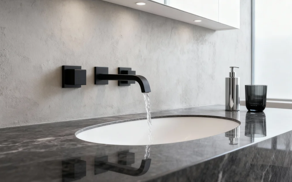 Modern Matte Black Wall-Mounted Basin Faucet Set with Dual Handles Contemporary Brass Bathroom Mixer Tap for Hotel, Residential And Commercial Projects